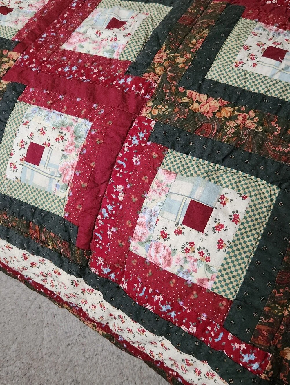 LOG CABIN Patchwork Quilt Queen Red Green Floral 1 Sham Cotton Poly Fill Cottage - Picture 5 of 11